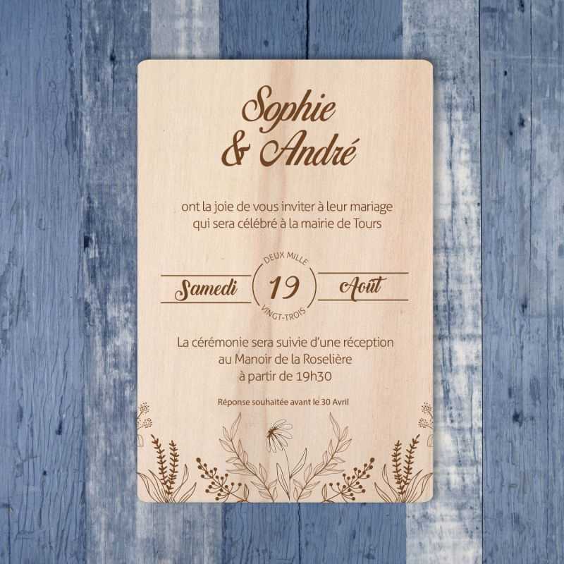 Fleurs champêtres - Faire-part de mariage en bois - hover