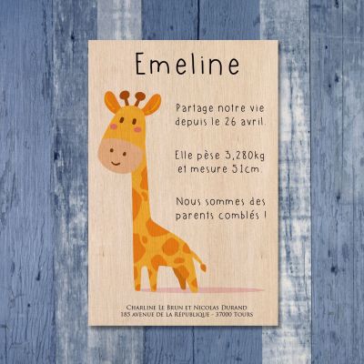 Bébé Girafe - Faire-part de naissance sur bois