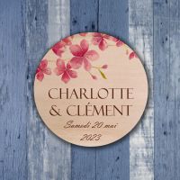 Save the date magnet bois avec fleurs de cerisier pour annonce mariage