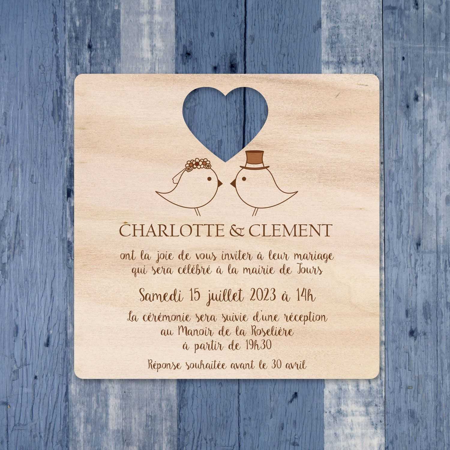 Fairepart de mariage en bois Coup de foudre 100 français