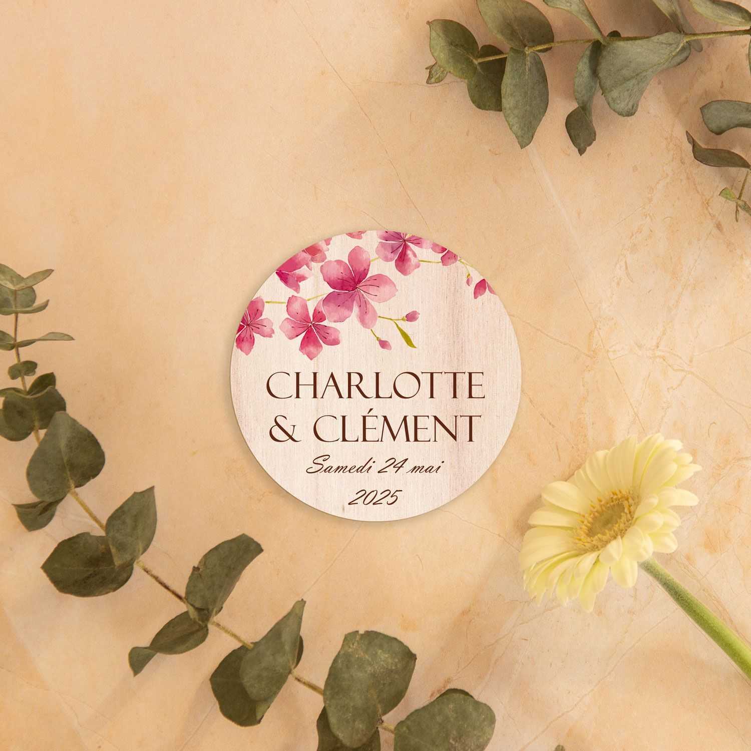 Save the date magnet bois avec fleurs de cerisier pour annonce mariage2