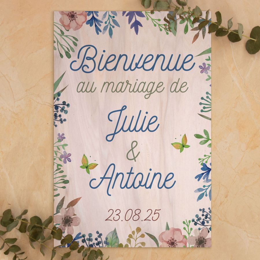 Pancarte de bienvenue en bois pour mariage avec des fleurs de printemps 2
