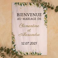 Pancarte de bienvenue en bois pour mariage feuillage champêtre 2