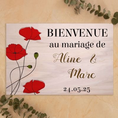 Pancarte de bienvenue de mariage en bois - Coquelicots 2