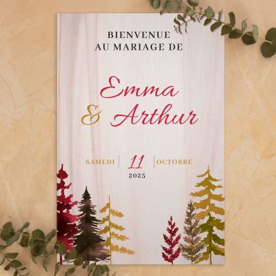 Pancarte de bienvenue mariage en bois - Sapins automne 2