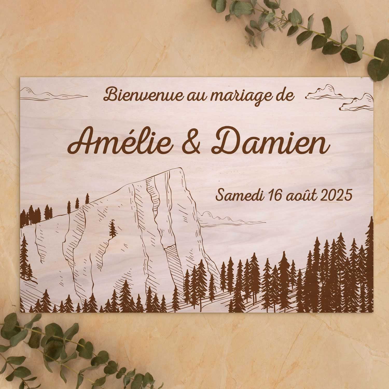 Pancarte de bienvenue mariage en bois - Montagne 2
