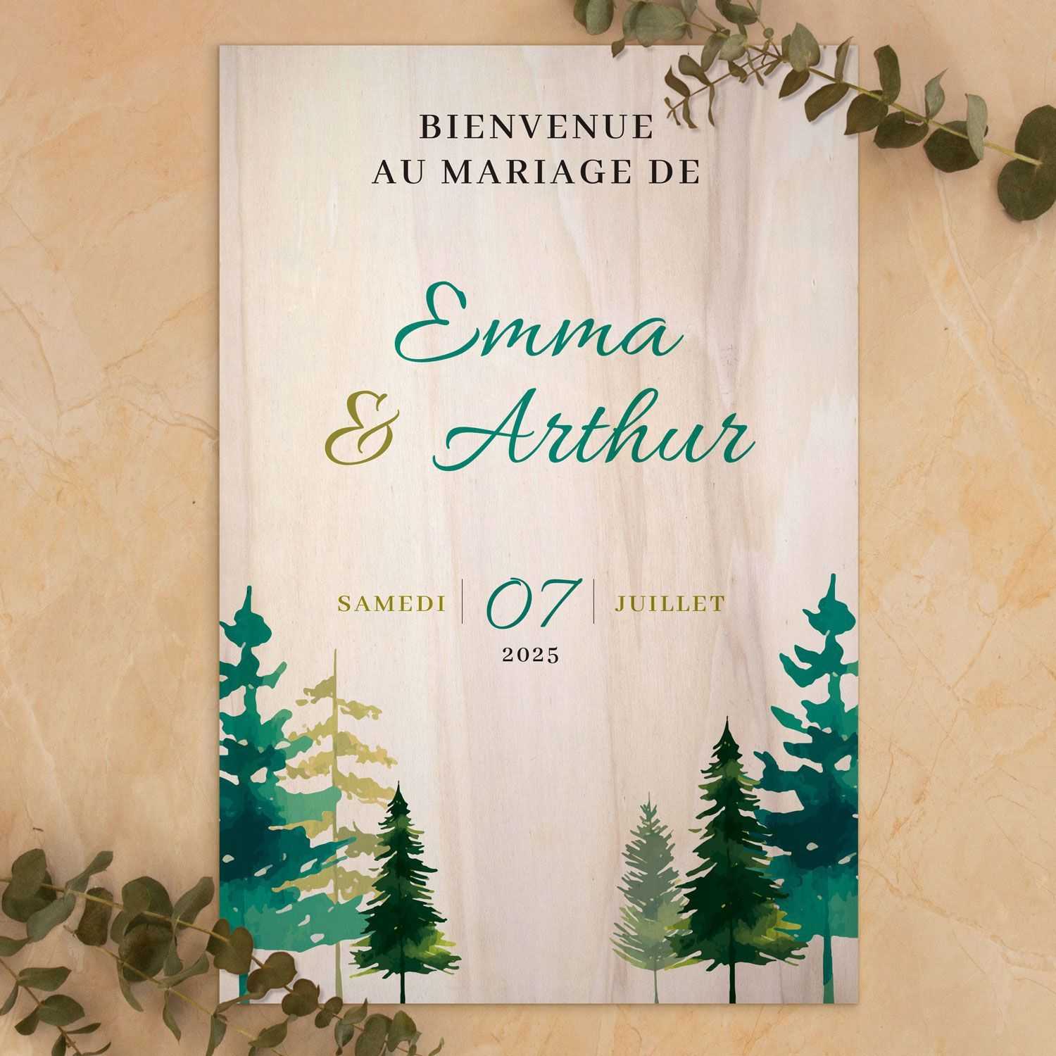 Pancarte de bienvenue mariage en bois - Sapins été 2