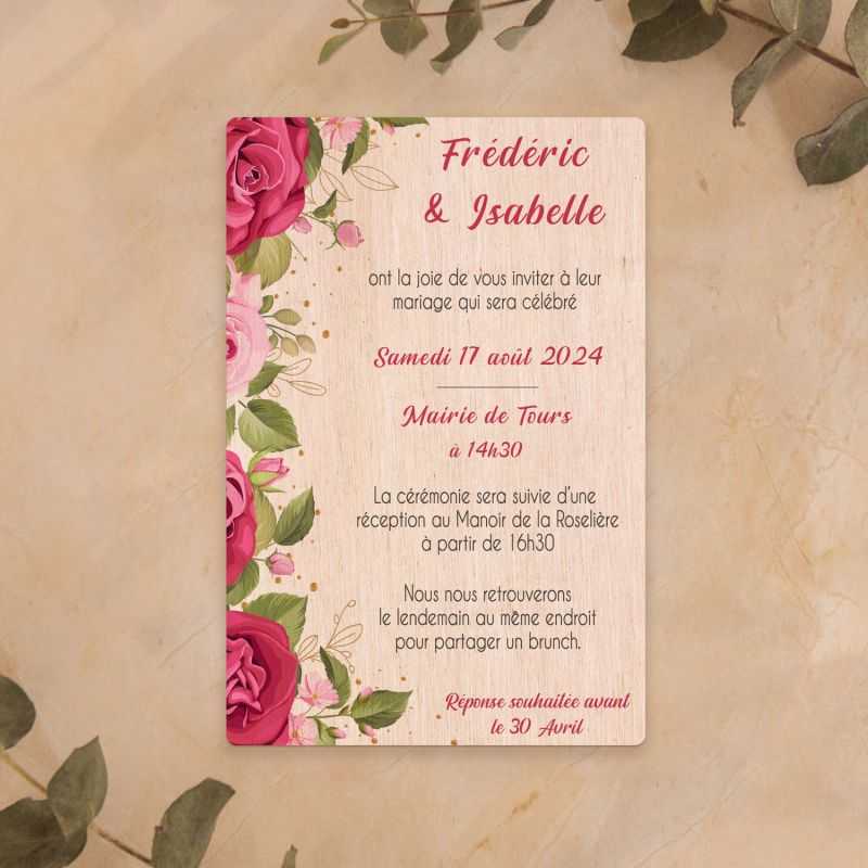 Faire-part de mariage sur bois sur le thème des roses et de la nature