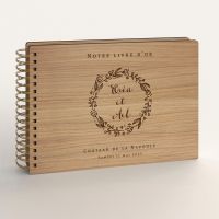 Livre d'or de mariage en bois gravé sur chêne - Couronne de laurier