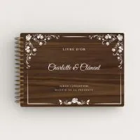Livre d'or de mariage en bois personnalisé sur noyer avec décoration florale