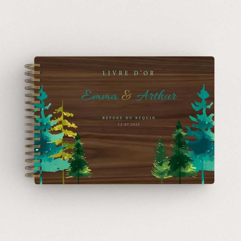 Livre d'or de mariage en bois personnalisé - En noyer - Sapins Printemps/été - hover
