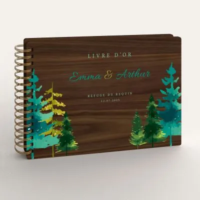 Livre d'or de mariage en bois personnalisé sur noyer avec sapins de printemps