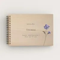 Livre d'or d'anniversaire personnalisé en bois de peuplier avec une fleur bleue