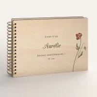 Livre d'or d'anniversaire personnalisé en bois de peuplier avec une fleur rouge