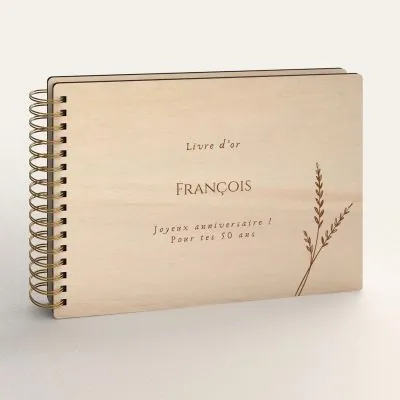 Livre d'or d'anniversaire personnalisé en bois de peuplier avec un épi de blé