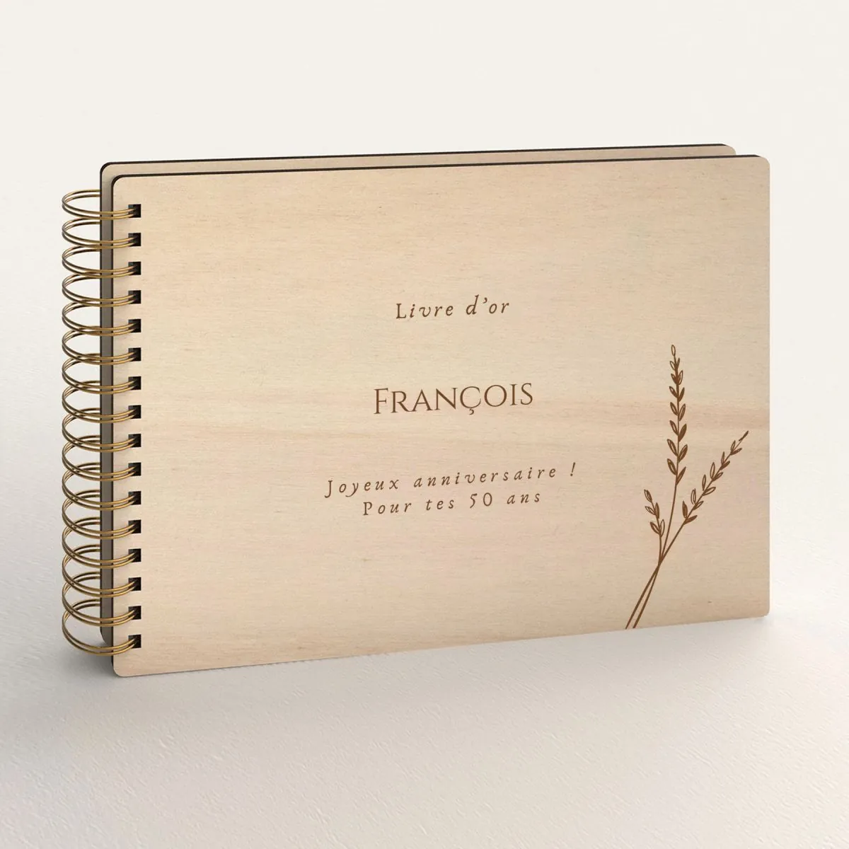 Livre d'or d'anniversaire personnalisé en bois de peuplier avec un épi de blé