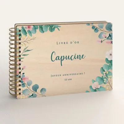 Livre d'or d'anniversaire personnalisé en bois de peuplier avec eucalyptus