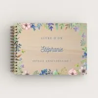 Livre d'or d'anniversaire personnalisé en bois de peuplier avec fleurs de printemps