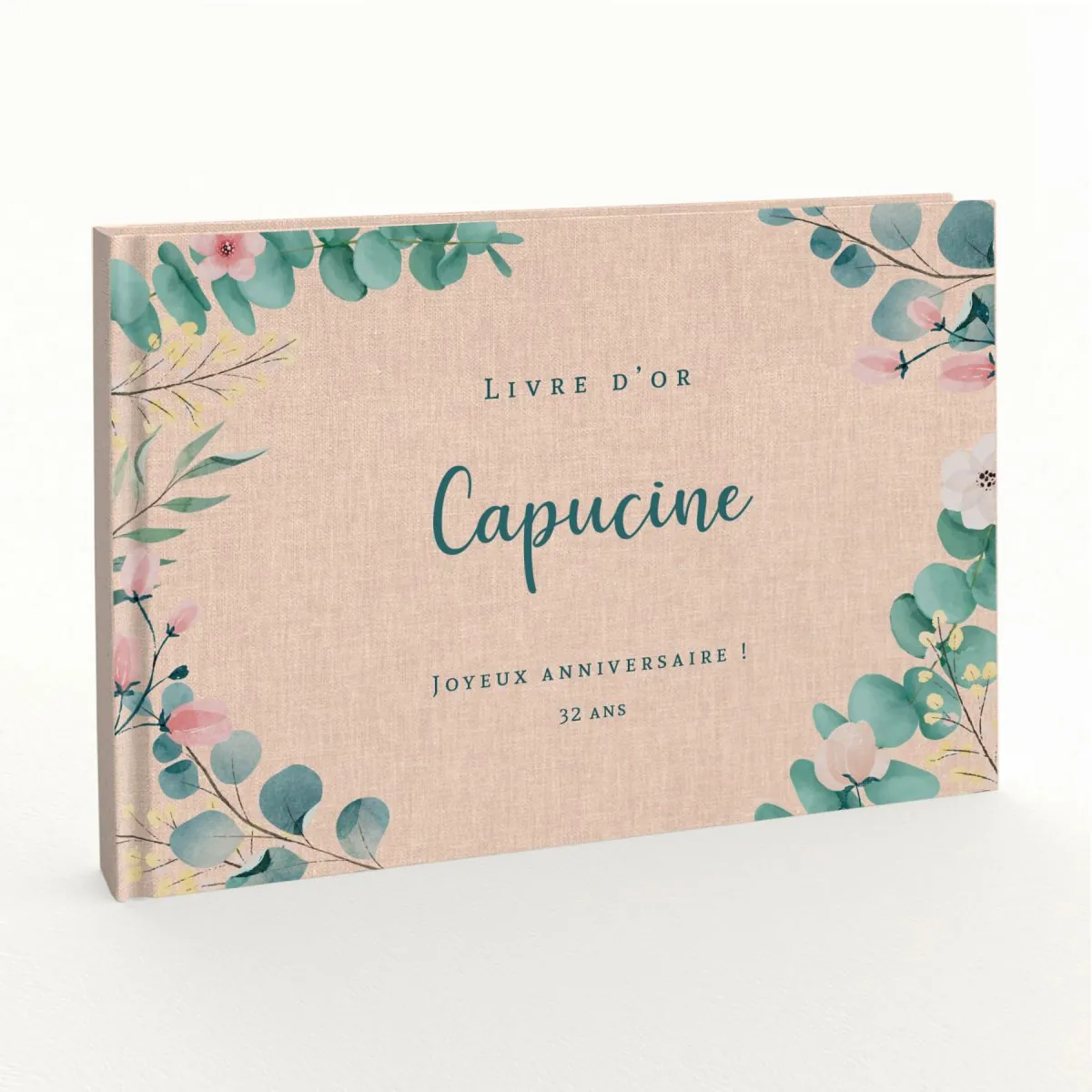 Livre d'or d'anniversaire - Livret aspect lin - Eucalyptus