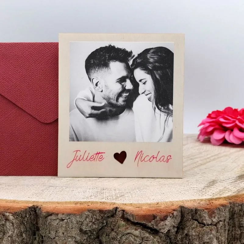 Faire-part de mariage en bois polaroid