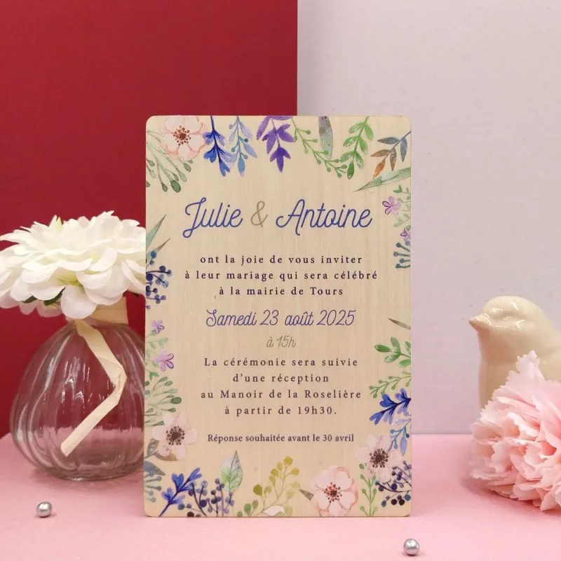 faire part de mariage imprimé sur bois fleurs de printemps