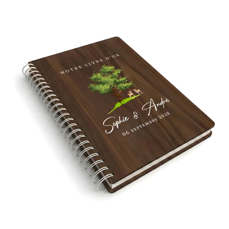 Livre d'or de mariage carnet en bois personnalisé - En noyer - Arbre - hover