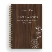 Livre d'or de mariage carnet en bois personnalisé - En noyer - Bouton d'or