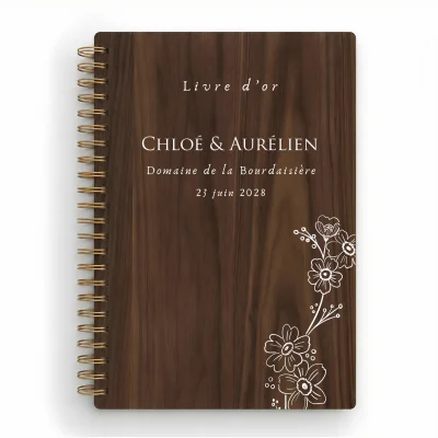 Livre d'or de mariage carnet en bois personnalisé - En noyer - Bouton d'or
