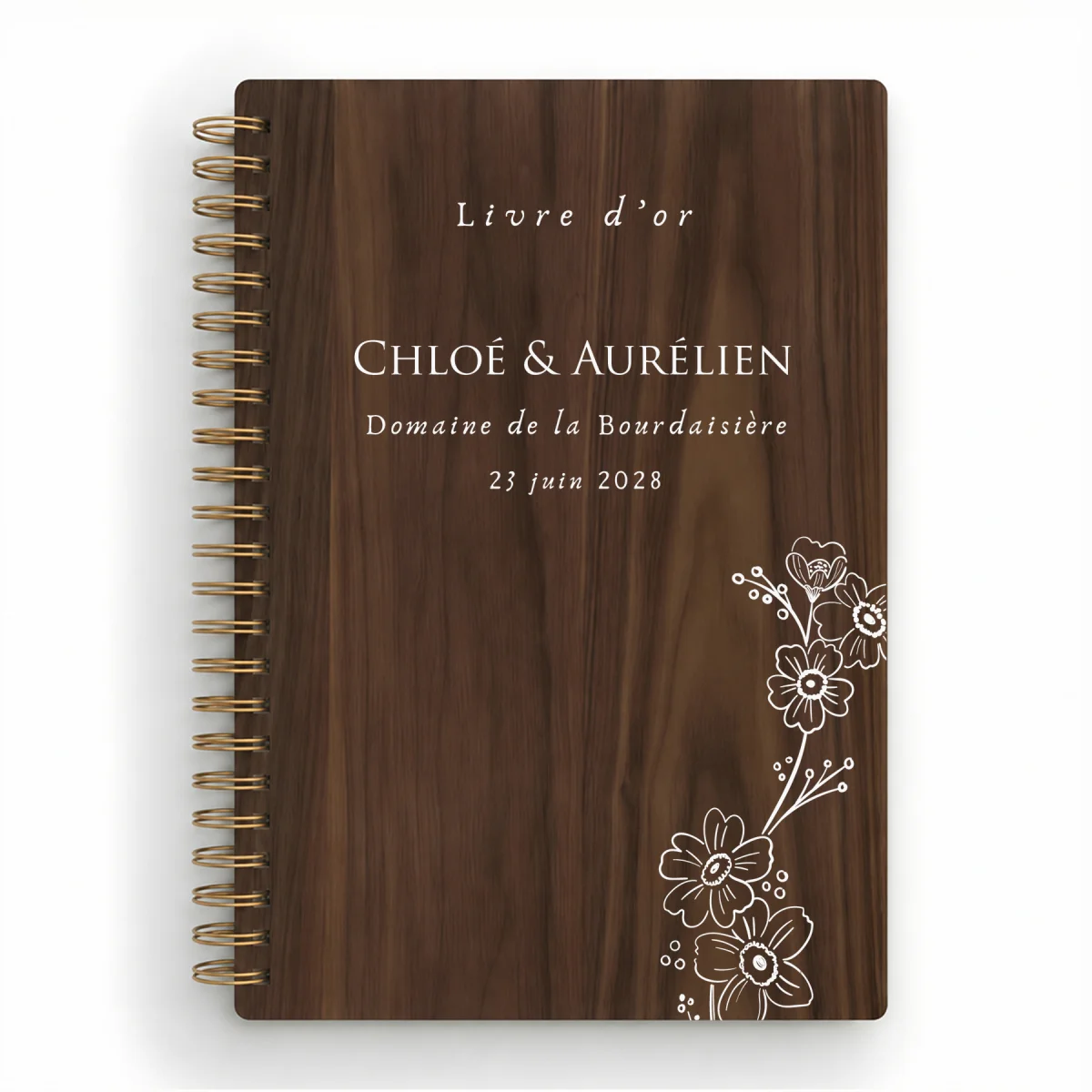 Livre d'or de mariage carnet en bois personnalisé - En noyer - Bouton d'or