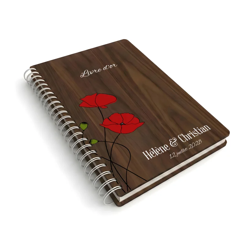 Livre d'or de mariage carnet en bois personnalisé - En noyer - Coquelicots - hover
