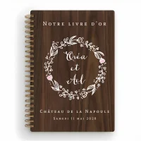 Livre d'or de mariage carnet en bois personnalisé - En noyer - Couronne de laurier