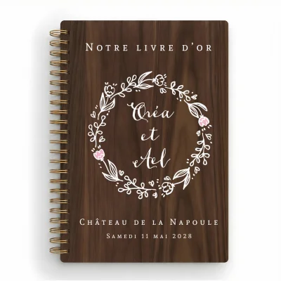 Livre d'or de mariage carnet en bois personnalisé - En noyer - Couronne de laurier