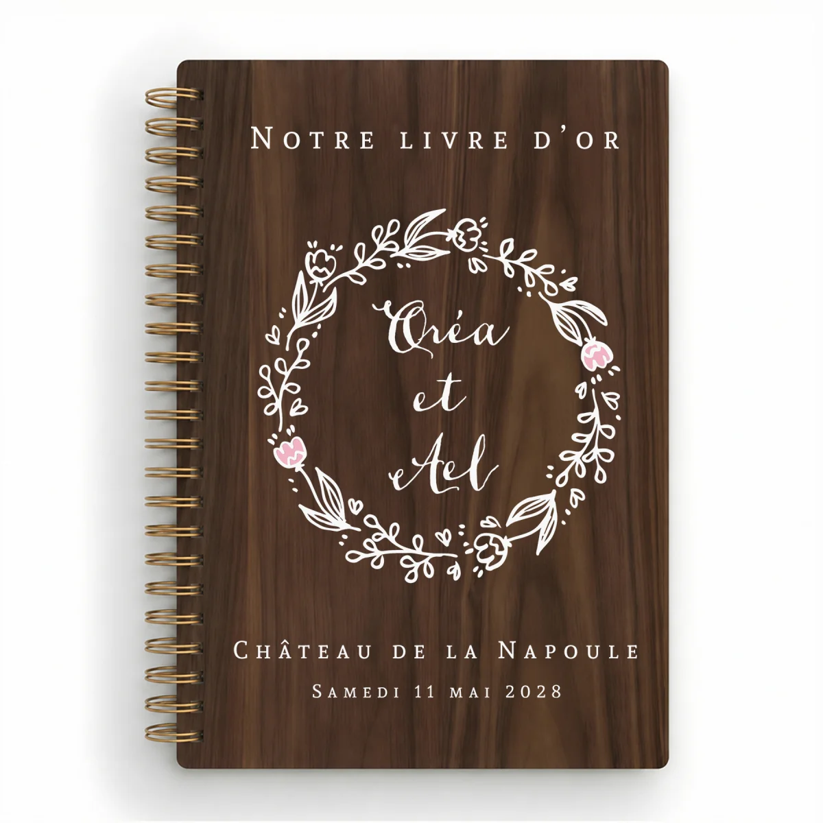 Livre d'or de mariage carnet en bois personnalisé - En noyer - Couronne de laurier