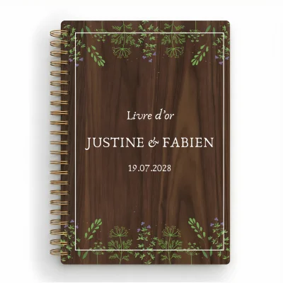 Livre d'or de mariage carnet en bois personnalisé - En noyer - Fleurs sauvages