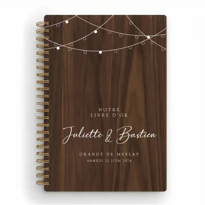 Livre d'or de mariage carnet en bois personnalisé - En noyer - Guirlande