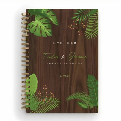Livre d'or de mariage carnet en bois personnalisé - En noyer - Jungle