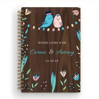 Livre d'or de mariage carnet en bois personnalisé - En noyer - Les inséparables