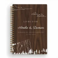 Livre d'or de mariage carnet en bois personnalisé - En noyer - Montagne