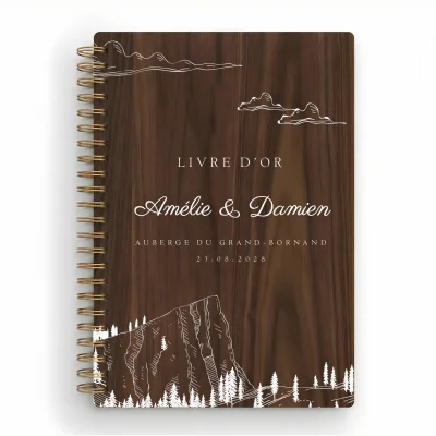 Livre d'or de mariage carnet en bois personnalisé - En noyer - Montagne