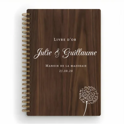 Livre d'or de mariage carnet en bois personnalisé - En noyer - Pissenlit