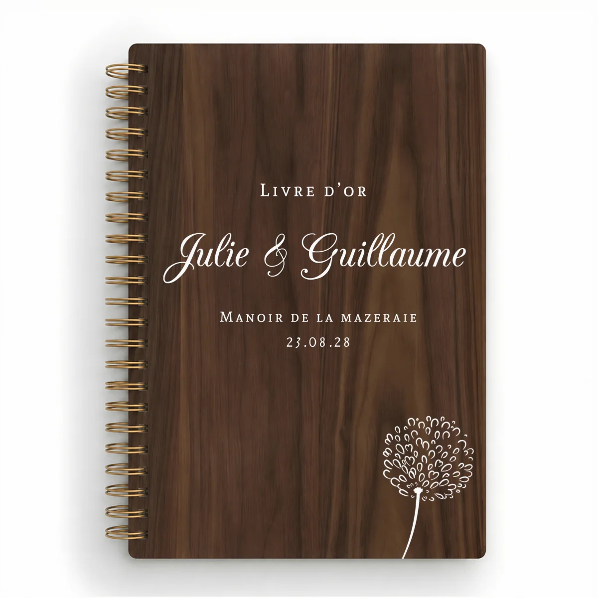 Livre d'or de mariage carnet en bois personnalisé - En noyer - Pissenlit