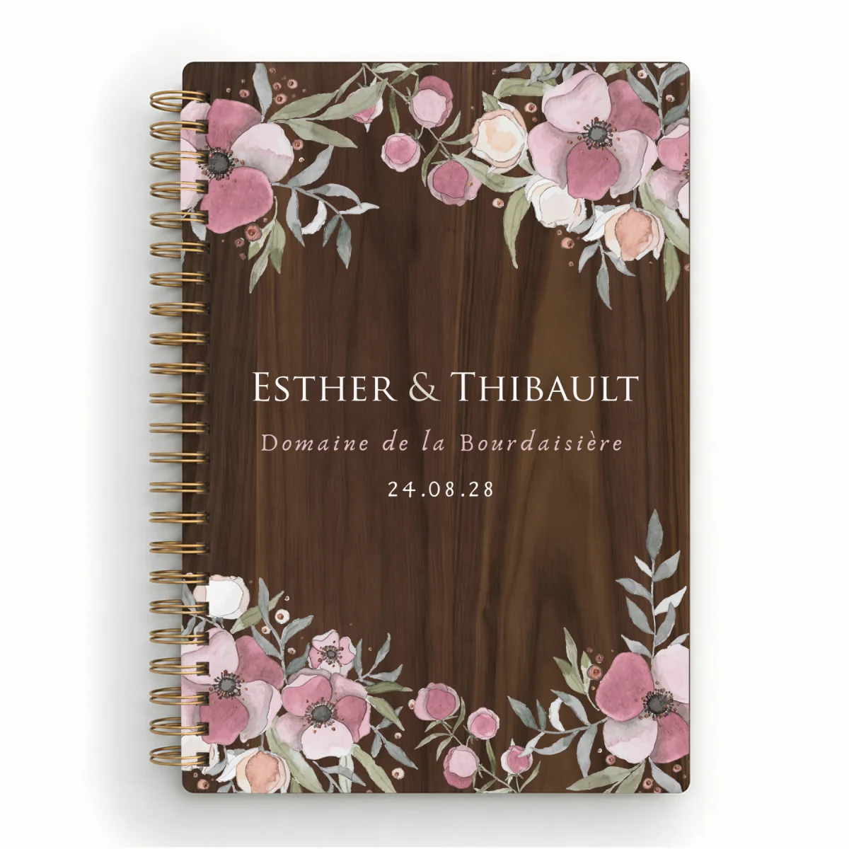 Livre d'or de mariage carnet en bois personnalisé - En noyer - Pivoines