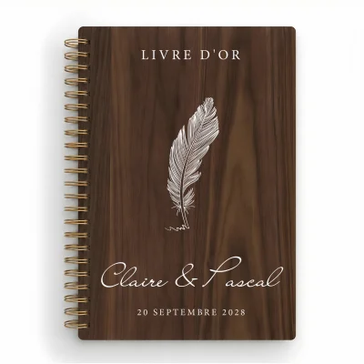 Livre d'or de mariage carnet en bois personnalisé - En noyer - Plume