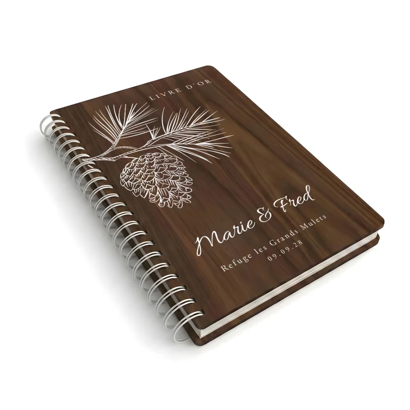 Livre d'or de mariage carnet en bois personnalisé - En noyer - Pomme de pin - hover
