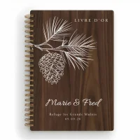 Livre d'or de mariage carnet en bois personnalisé - En noyer - Pomme de pin