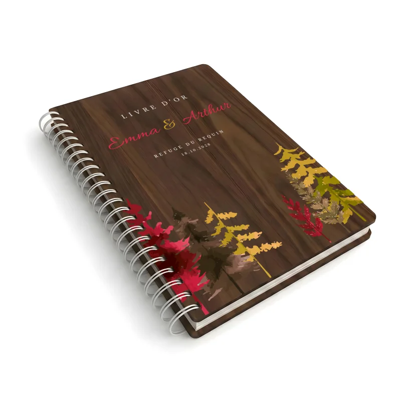 Livre d'or de mariage carnet en bois personnalisé - En noyer - Sapins automne - hover