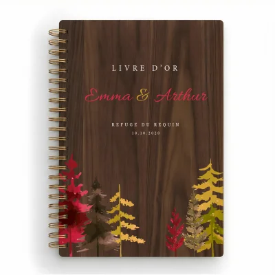 Livre d'or de mariage carnet en bois personnalisé - En noyer - Sapins automne