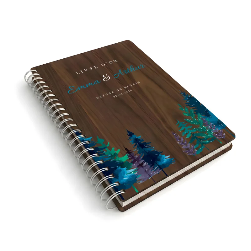 Livre d'or de mariage carnet en bois personnalisé - En noyer - Sapins hiver - hover