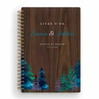 Livre d'or de mariage carnet en bois personnalisé - En noyer - Sapins hiver
