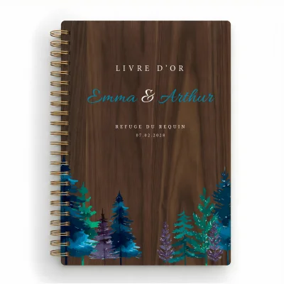 Livre d'or de mariage carnet en bois personnalisé - En noyer - Sapins hiver